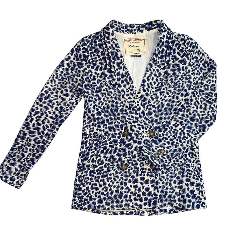 Anthropologie Cartonnier Limpopo Blue White Leopard Print Blazer Size XS